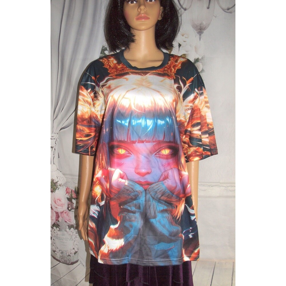 Flaming Girl T Shirt Anime Japanese Manga Cosplay Fantasy Girl Full Coverage XXL